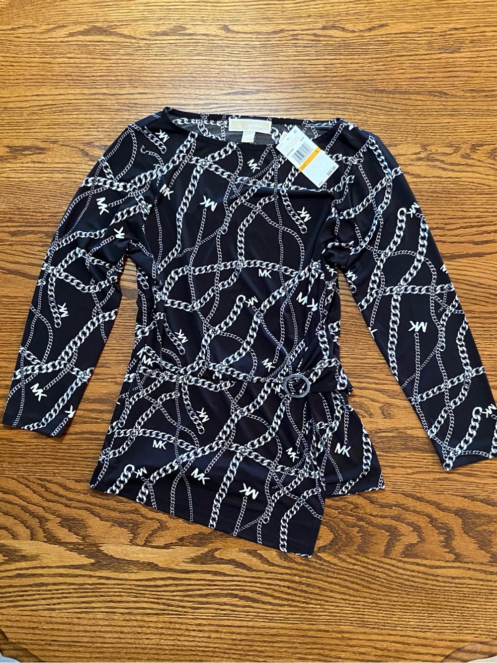 NWT Michael Kors Long Sleeve Top SZ S Faux Wrap Silver Chain Pattern Side Zipper